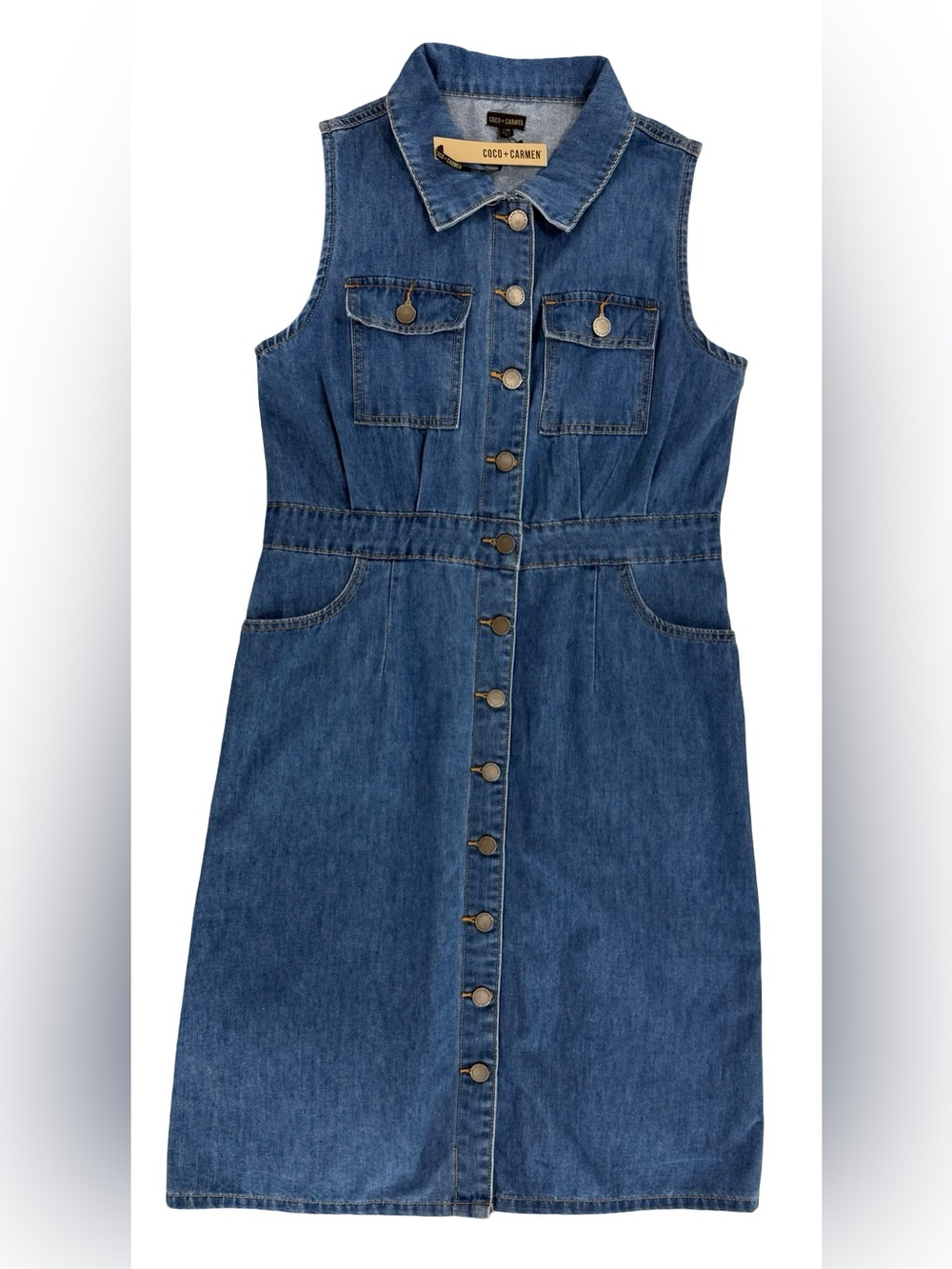 Coco Carmen Raleigh Sleeveless Denim Dress NWT Button Front Casual Midi size S/M - Picture 8 of 10